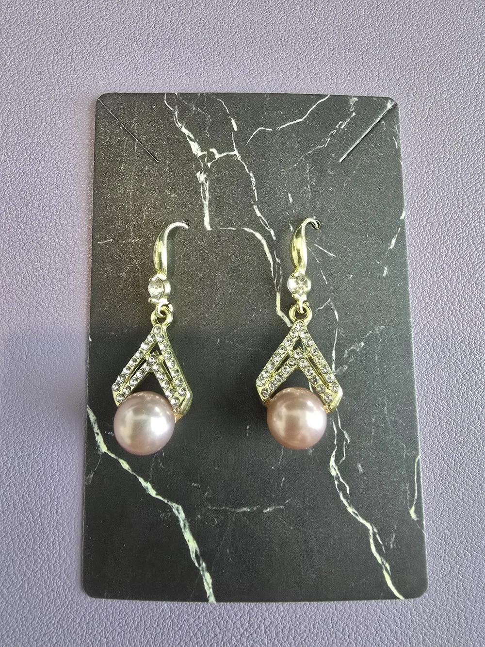 Gold-Tone Drop Earrings with Pink Pearl and Crystal Chevron Accent
